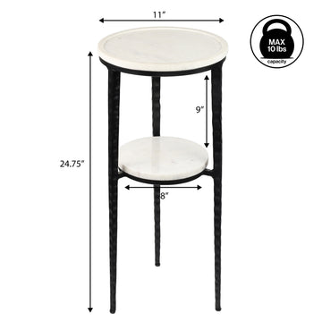 Seraphina 24.75" Industrial 2-Tier Metal Frame Drink Table and Decorative End Table with White Marble Round Top
